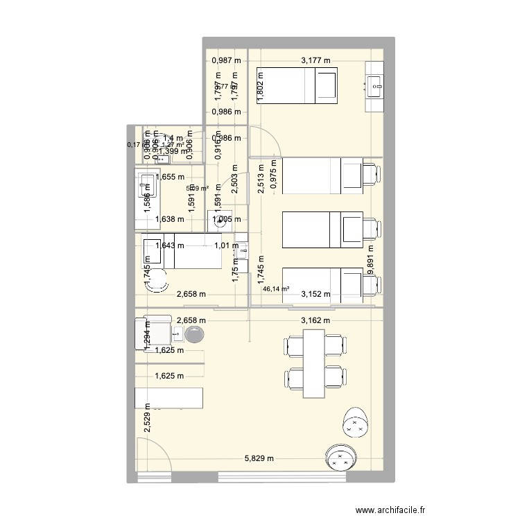 suite s. Plan de 5 pièces et 54 m2