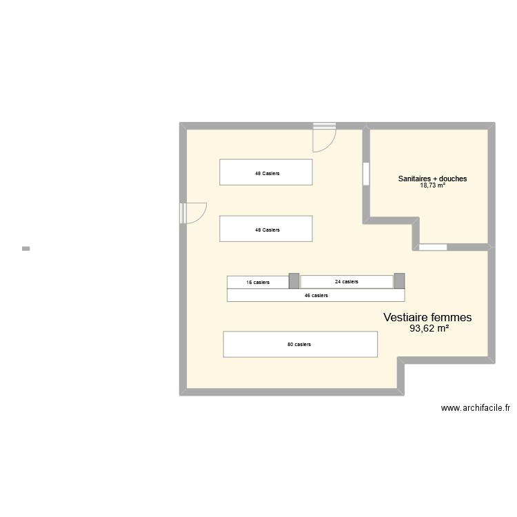 Vestiaire femmes. Plan de 2 pièces et 112 m2