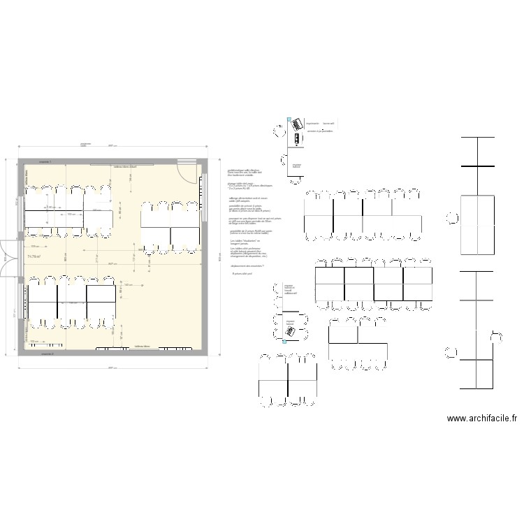 salle H007 ilots et tables en 140x80 c. Plan de 1 pièce et 75 m2