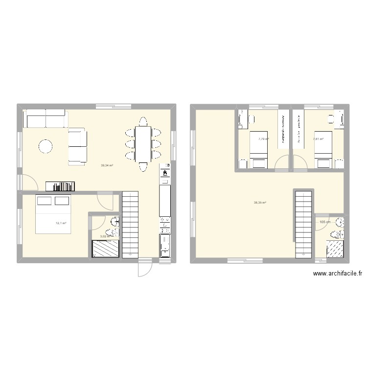 2 pisos. Plan de 6 pièces et 108 m2