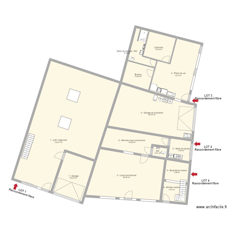 Plans pour raccordement fibre. Plan de 29 pièces et 859 m2