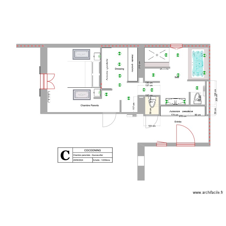 Chambre parentale OK. Plan de 1 pièce et 1 m2