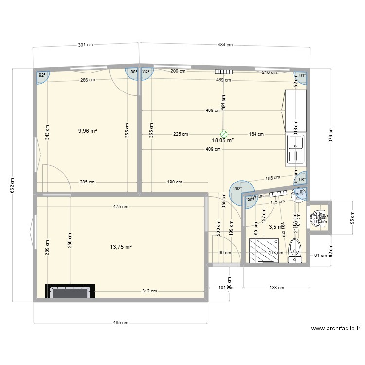 T2 immeuble étage. Plan de 5 pièces et 46 m2