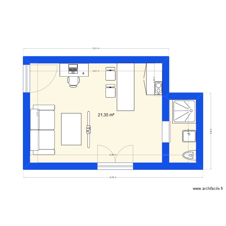 Studio. Plan de 1 pièce et 21 m2