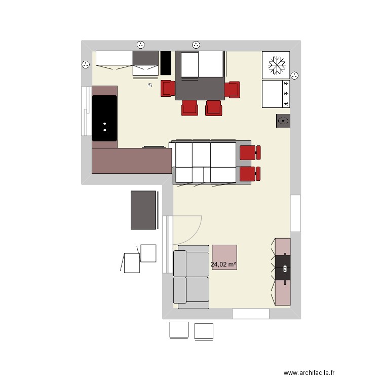 Cuisine et salon bis. Plan de 1 pièce et 24 m2