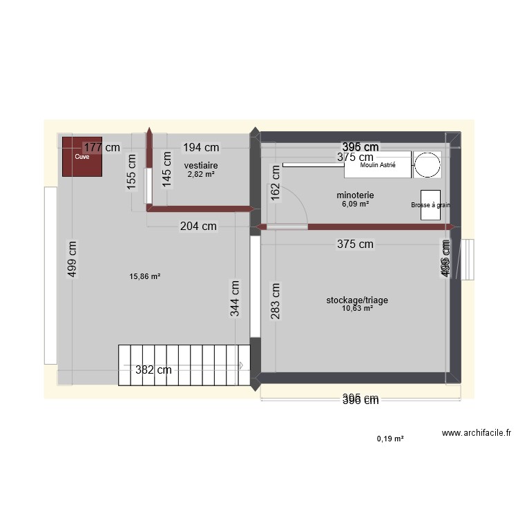 Grenier & Minoterie. Plan de 5 pièces et 36 m2