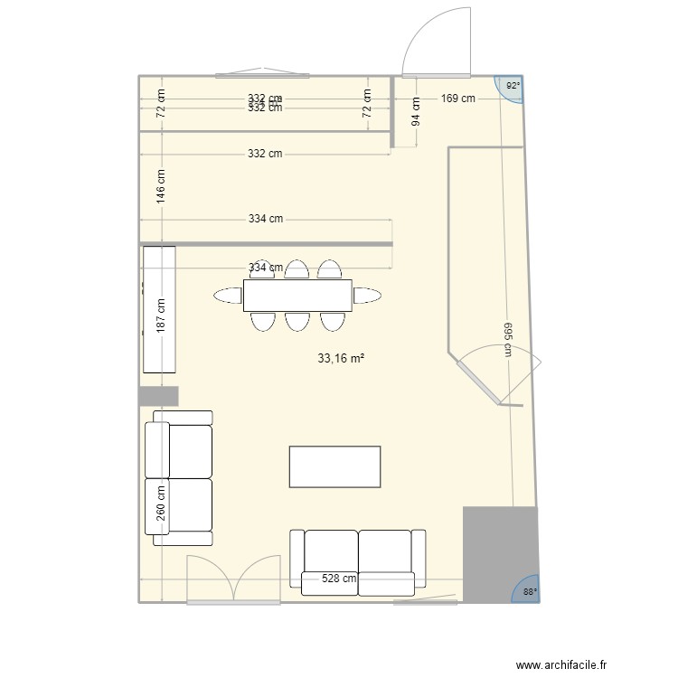 RDC. Plan de 2 pièces et 36 m2