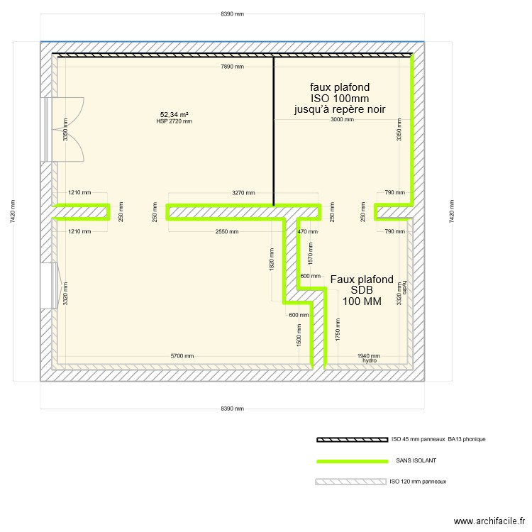 RDC Denglos. Plan de 1 pièce et 52 m2