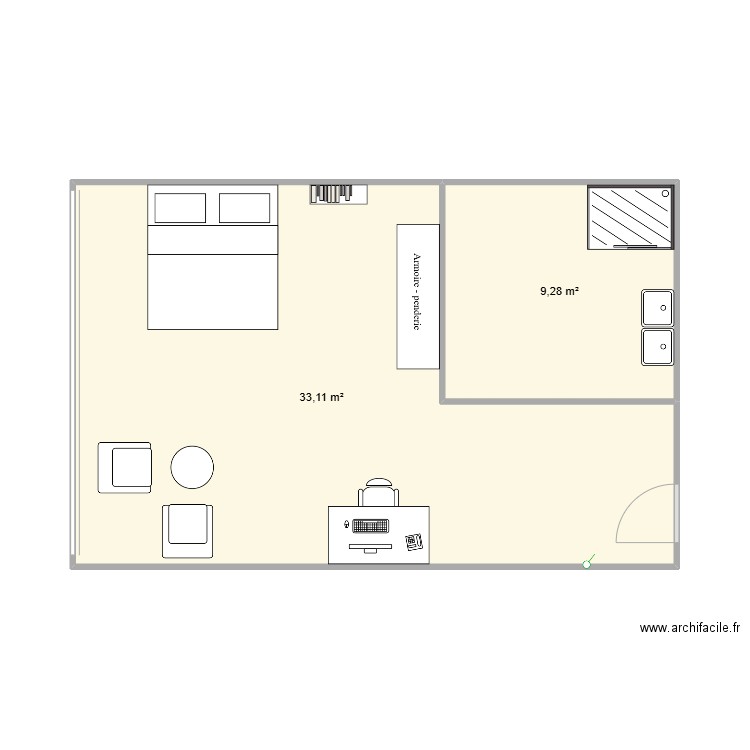 chambre. Plan de 2 pièces et 42 m2