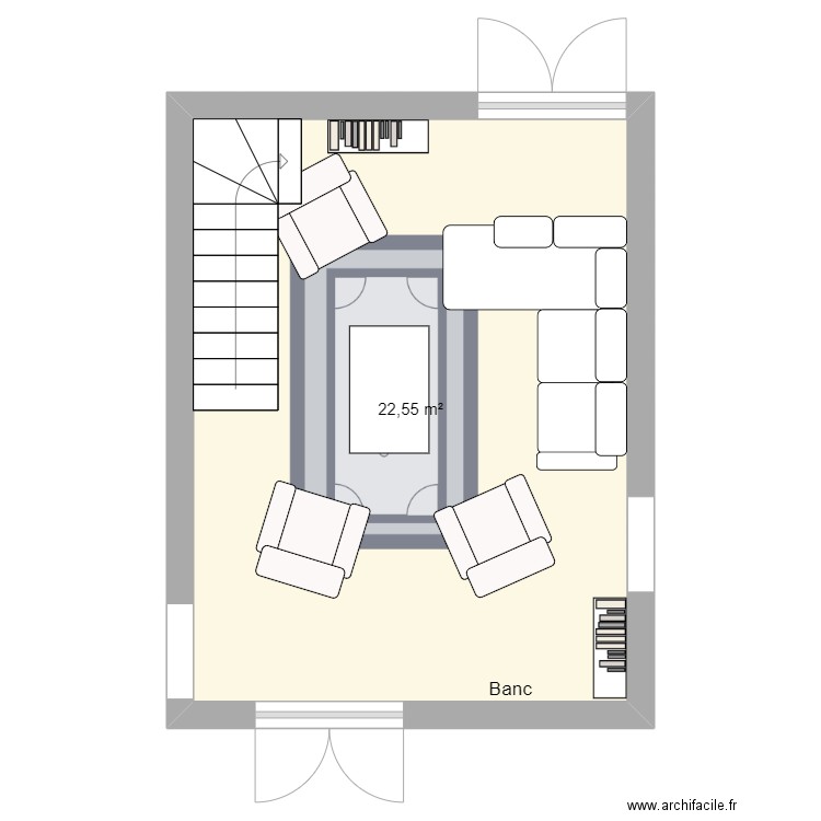 Logement milieu RdC partagé. Plan de 1 pièce et 23 m2