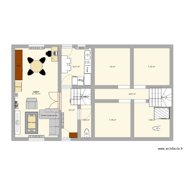 salon cuisine. Plan de 9 pièces et 70 m2