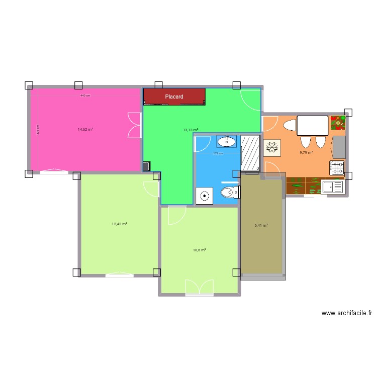 Plan LPA avec aménagement. Plan de 7 pièces et 73 m2