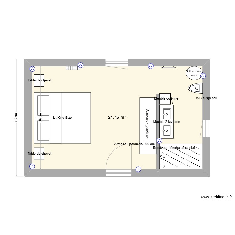 suite parentale. Plan de 1 pièce et 21 m2