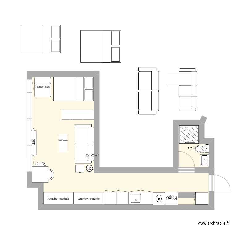 Appart. Plan de 2 pièces et 30 m2