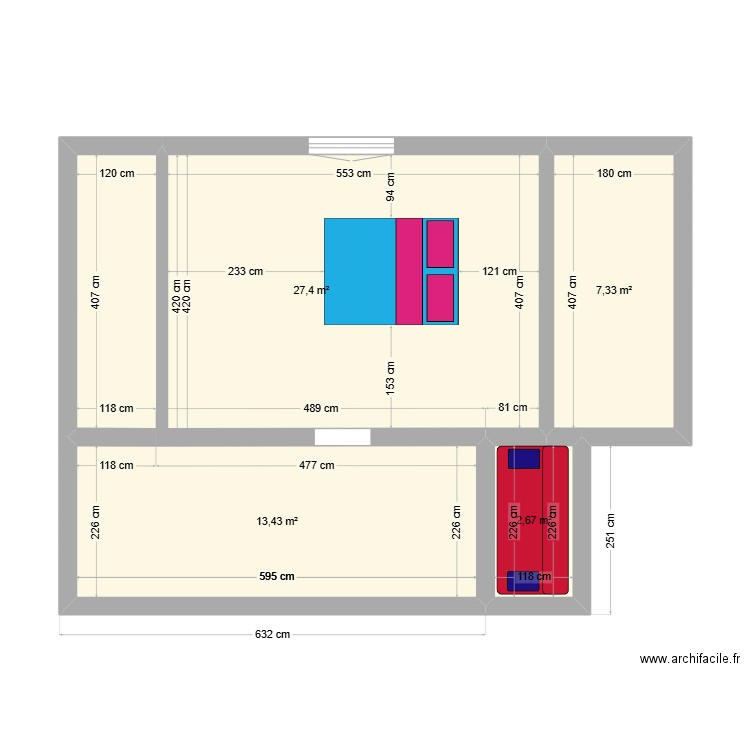 Chambre. Plan de 4 pièces et 51 m2