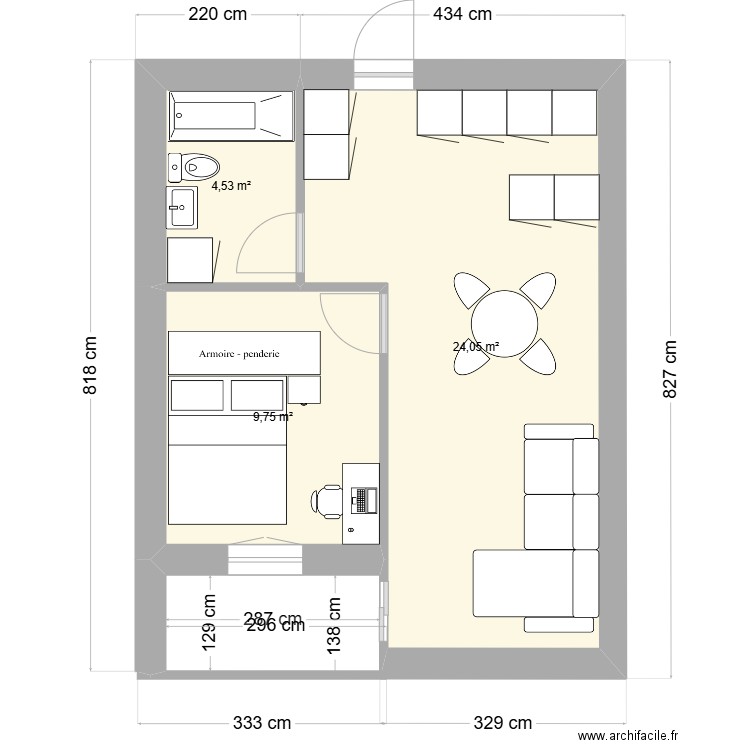 projet poule. Plan de 3 pièces et 38 m2