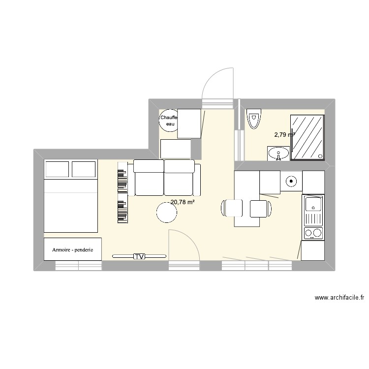 Txoko. Plan de 2 pièces et 24 m2