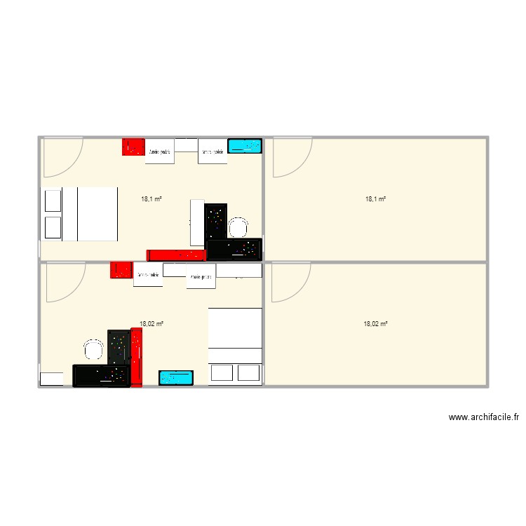 chambre. Plan de 4 pièces et 72 m2