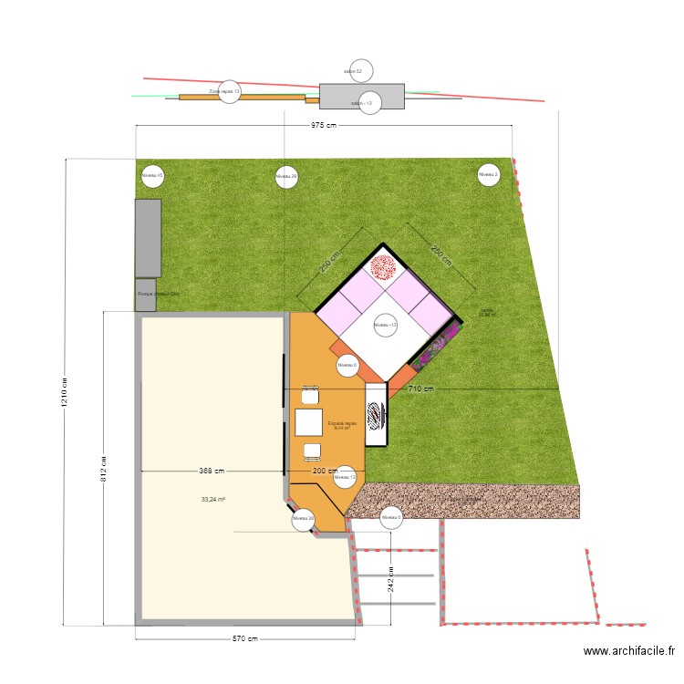 salon 4 places dans fosse de 26 cm de décalage,niveau. Plan de 1 pièce et 33 m2