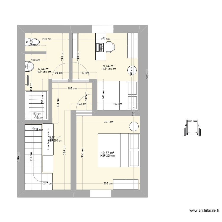 etage. Plan de 4 pièces et 37 m2