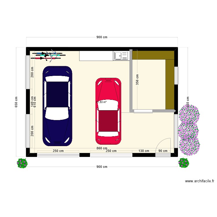 Plan double garage atelier intérieur. Plan de 1 pièce et 52 m2