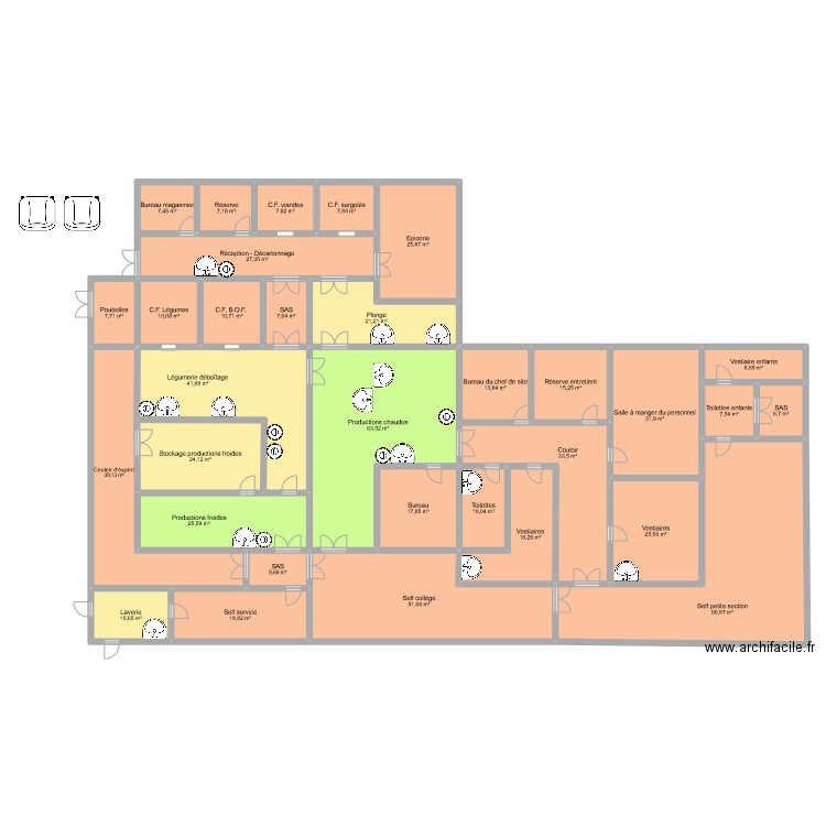 Plan de la cuisine centrale de Theix. Plan de 32 pièces et 692 m2