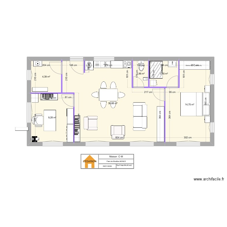 Modele AGNES. Plan de 6 pièces et 64 m2