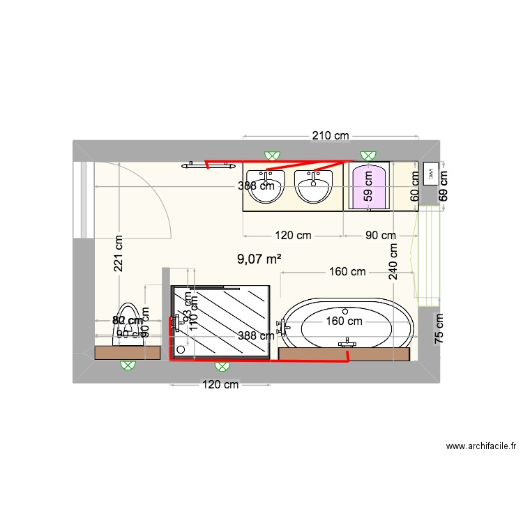 salle de bain etage V2. Plan de 1 pièce et 9 m2