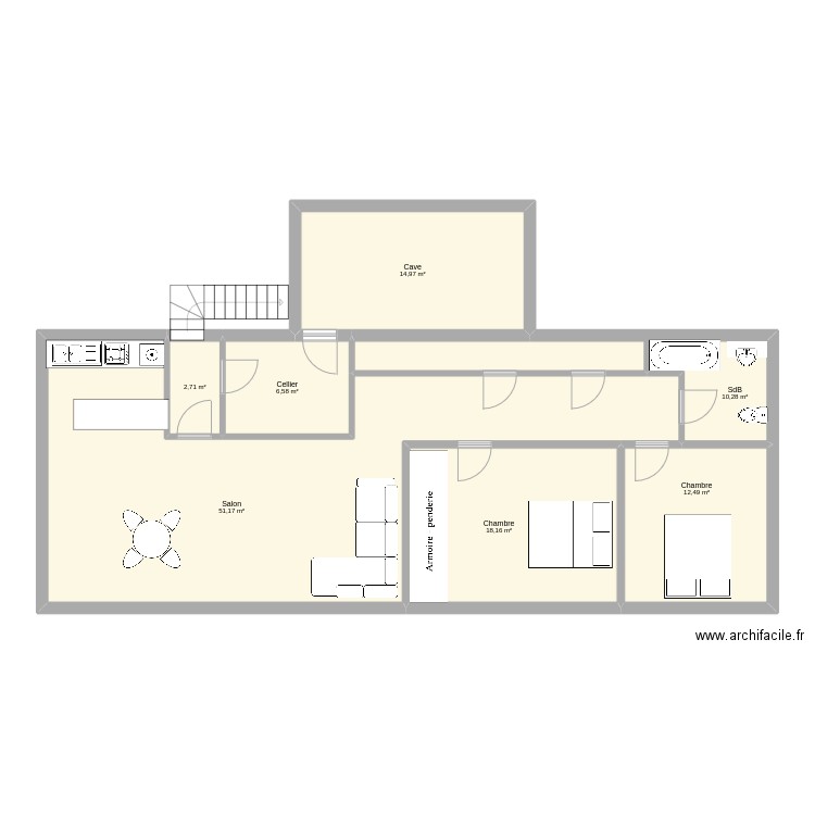 Sous sol. Plan de 7 pièces et 116 m2