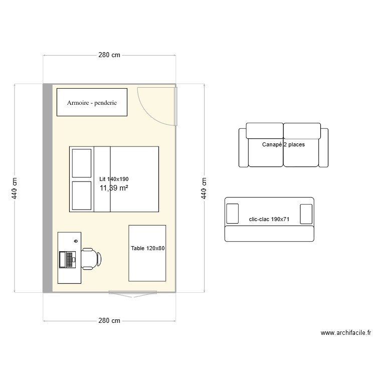 chambre. Plan de 1 pièce et 11 m2