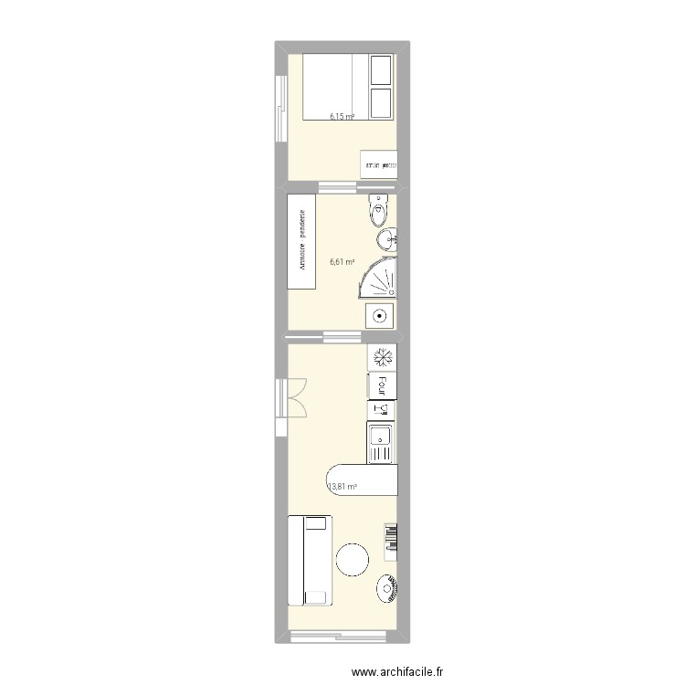 Variation 40 pieds fluid. Plan de 3 pièces et 27 m2