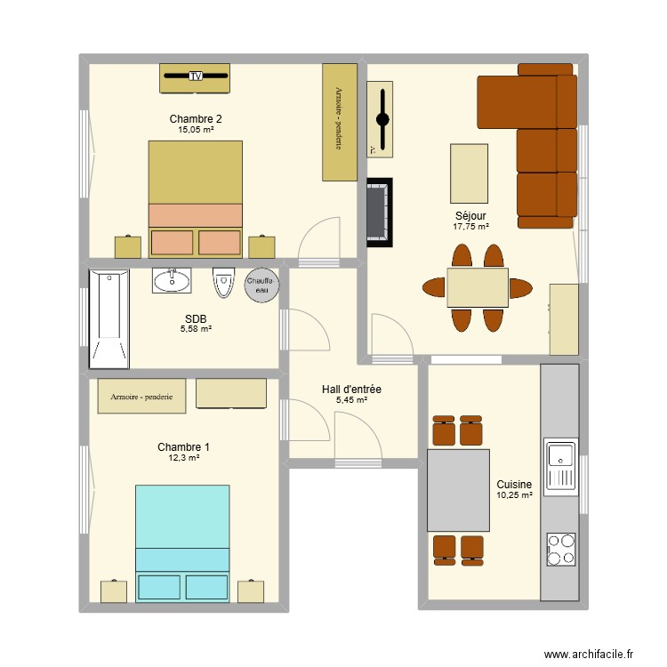 Chaudfontaine 1er étage. Plan de 6 pièces et 66 m2