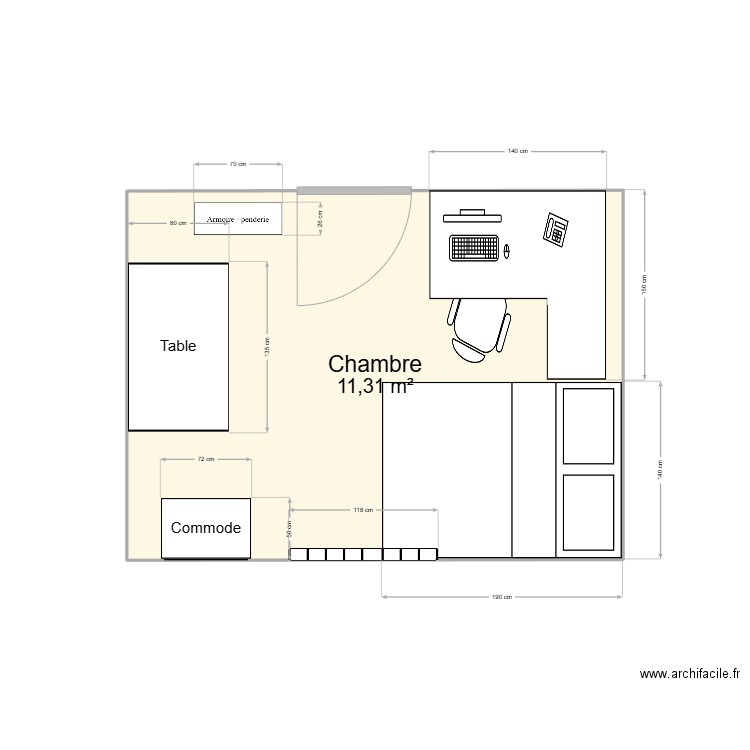 Chambre de base. Plan de 1 pièce et 11 m2