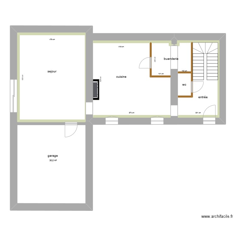 rez de chaussée 1 cotation. Plan de 2 pièces et 92 m2