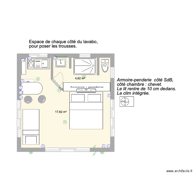 25m2 sans le deck. Plan de 2 pièces et 23 m2