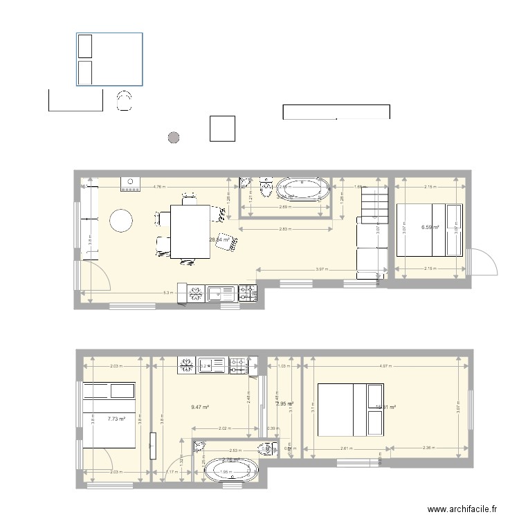 Maison Bleu 4. Plan de 8 pièces et 77 m2