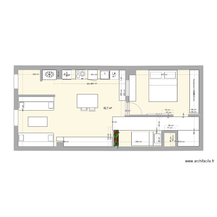 1-HO. Plan de 1 pièce et 53 m2