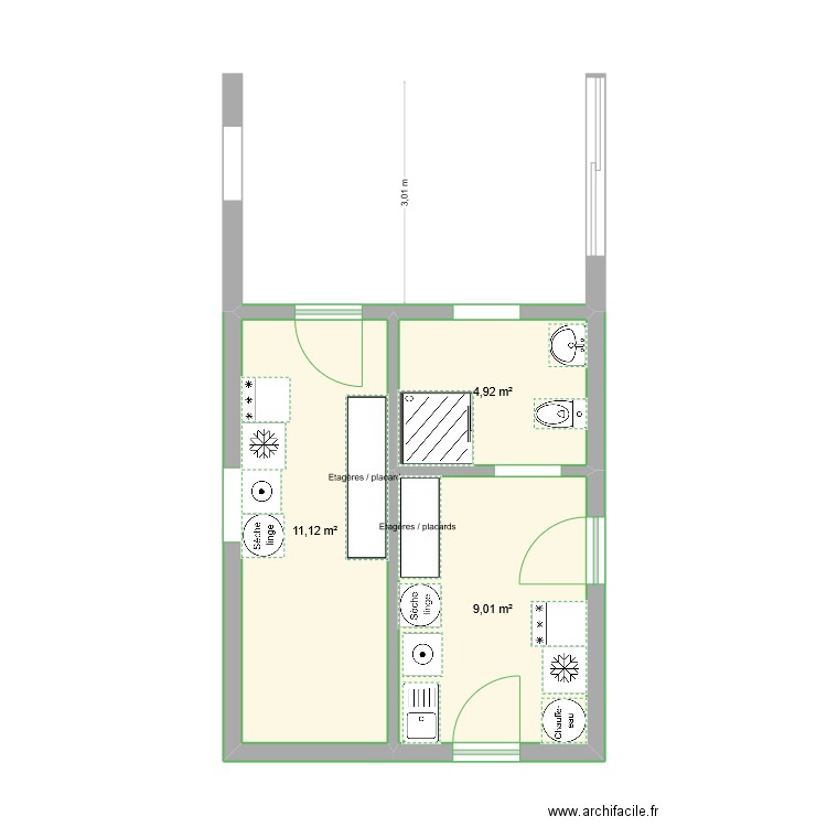 Buanderie. Plan de 3 pièces et 25 m2