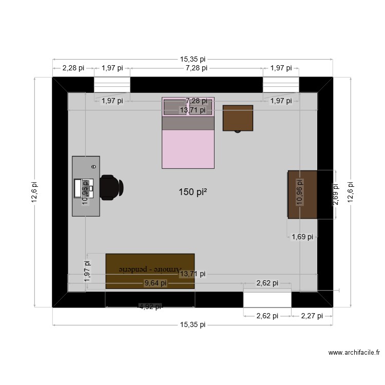 Chambre. Plan de 1 pièce et 14 m2