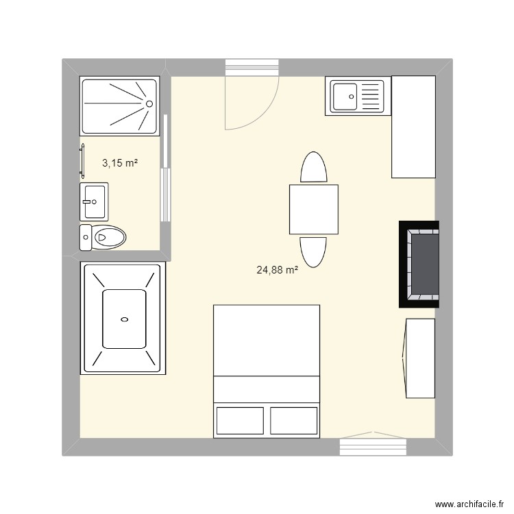 Appartement balnéo. Plan de 2 pièces et 28 m2