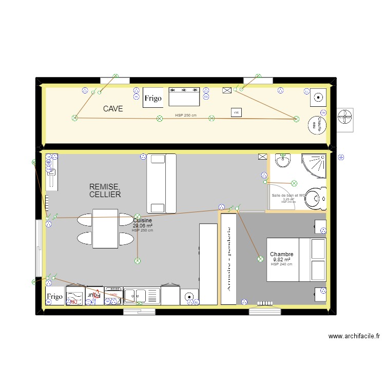 RdC murs et pièces meublées et électricité. Plan de 4 pièces et 58 m2