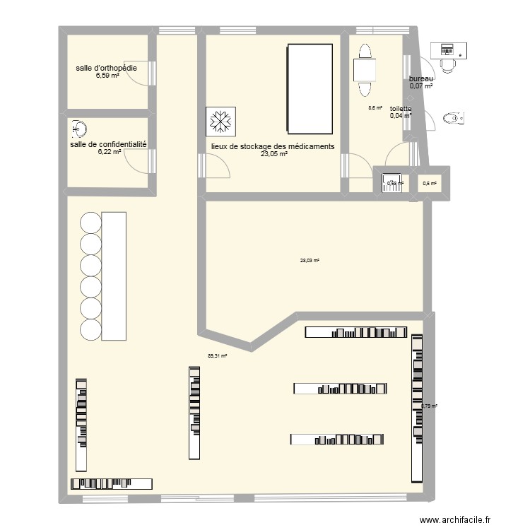 boutique pharmacie. Plan de 11 pièces et 164 m2