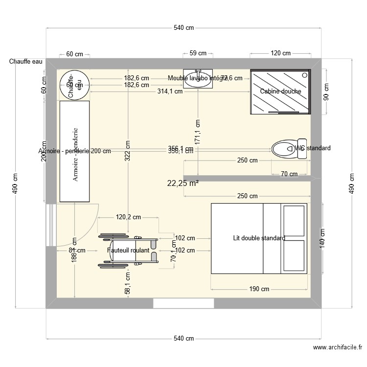 extension. Plan de 1 pièce et 22 m2