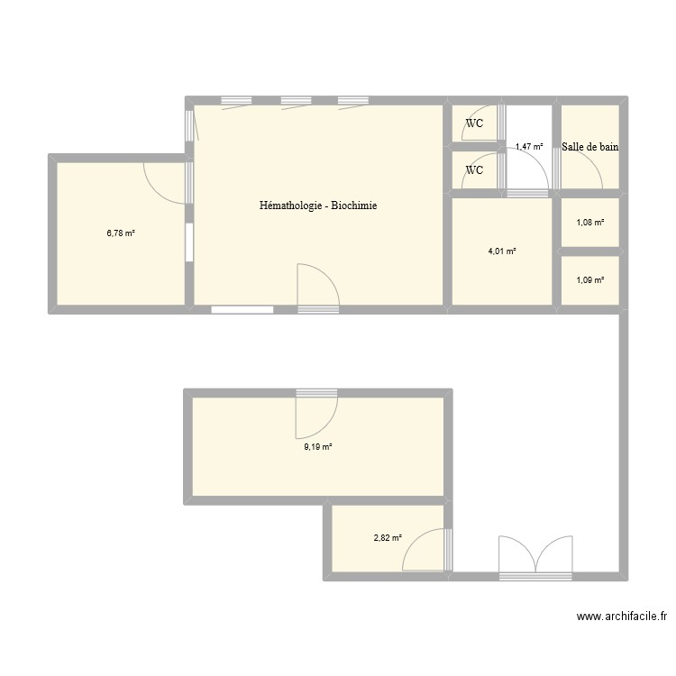 Laboratoire. Plan de 11 pièces et 48 m2