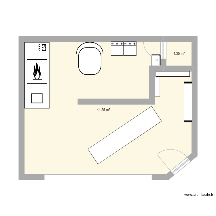 Boulangerie . Plan de 2 pièces et 46 m2