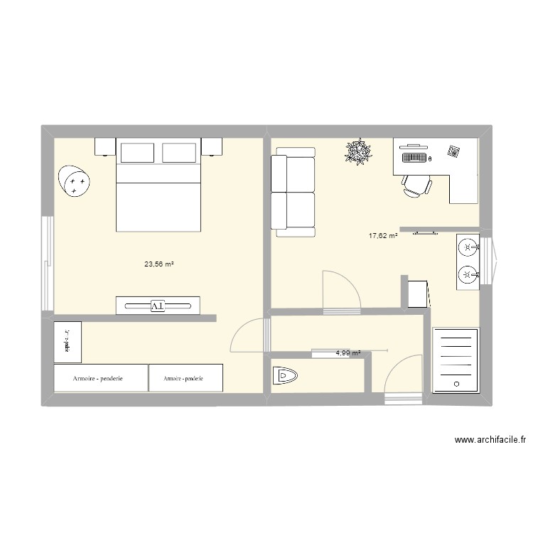 garage. Plan de 3 pièces et 46 m2