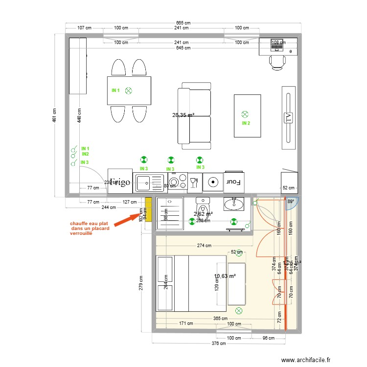 Thuillat T2 1er Projet Eclair V0. Plan de 4 pièces et 43 m2