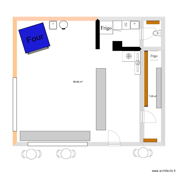 pizz. Plan de 2 pièces et 74 m2