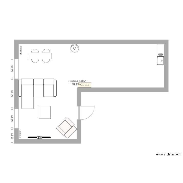 Cuisine salon. Plan de 0 pièce et 0 m2