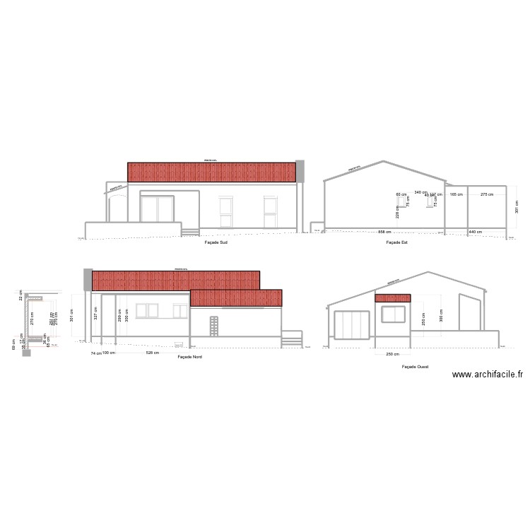 Plan des façades extension avant travaux. Plan de 33 pièces et 111 m2